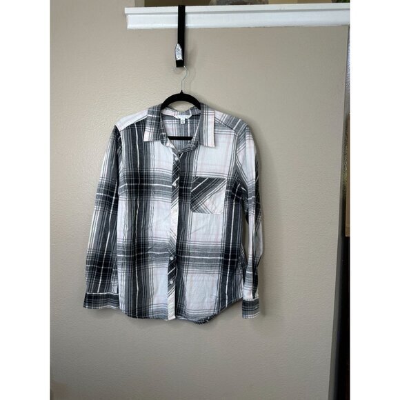 Time & Tru Womens Black White Blouse Large button up long sleeve collared cotton - Picture 1 of 7